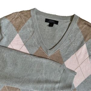 Express silk cashmere sweater men’s L gray argyle v-neck preppy classic grandpa